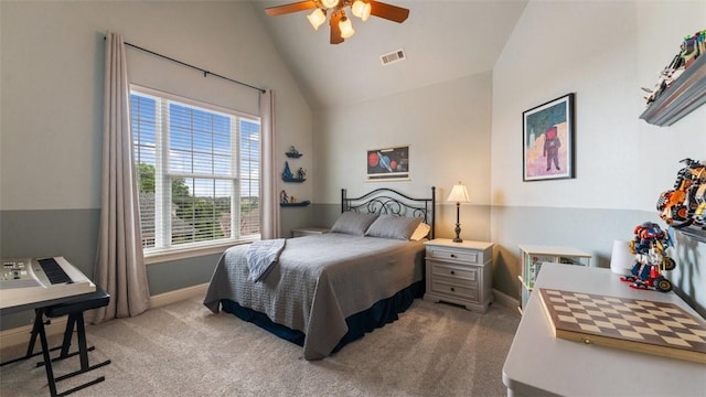 4903 S Inglewood Rd, Rogers, AR 72758 - bedroom featuring carpet floors, high vaulted ceiling, and ceiling fan