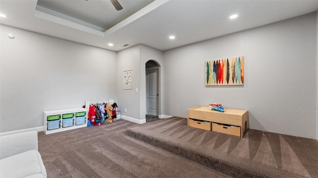 4903 S Inglewood Rd, Rogers, AR 72758 - playroom with carpet flooring, arched walkways, recessed lighting, and a ceiling fan