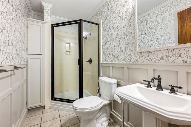 1 Syston Ln, Bella Vista, AR 72714 - full bath featuring wallpapered walls, ornamental molding, a stall shower, a wainscoted wall, and a decorative wall