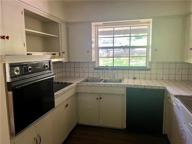 1445 Viewpoint Dr, Fayetteville, AR 72701 - kitchen with black appliances, tile counters, backsplash, and open shelves