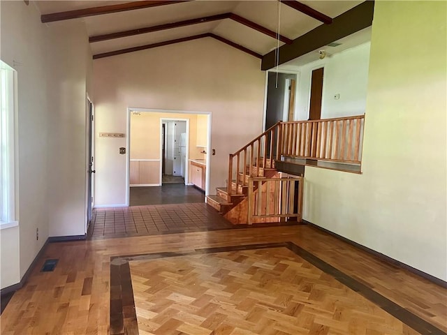 1445 Viewpoint Dr, Fayetteville, AR 72701 - hallway featuring high vaulted ceiling, stairs, beam ceiling, and parquet flooring