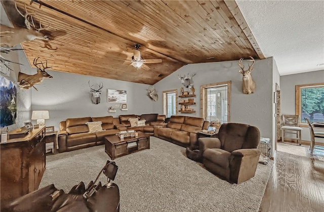 19123 Nokes Farm Rd, Siloam Springs, AR 72761 - living room featuring a ceiling fan, vaulted ceiling, wooden ceiling, and wood finished floors