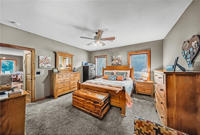 19123 Nokes Farm Rd, Siloam Springs, AR 72761 - carpeted bedroom featuring multiple windows, a textured ceiling, and ceiling fan