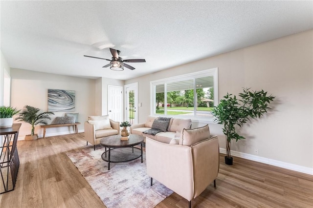 1916 S 12th St, Rogers, AR 72758 - living area featuring wood finished floors, a ceiling fan, and a textured ceiling