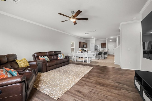 4424 Cornwall St, Springdale, AR 72762 - living room featuring ceiling fan, ornamental molding, wood finished floors, and recessed lighting