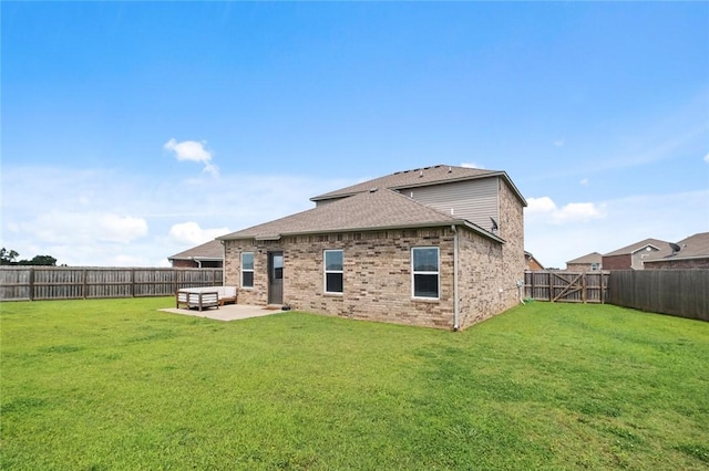 4424 Cornwall St, Springdale, AR 72762 - back of house with a fenced backyard, a patio area, outdoor lounge area, brick siding, and roof with shingles