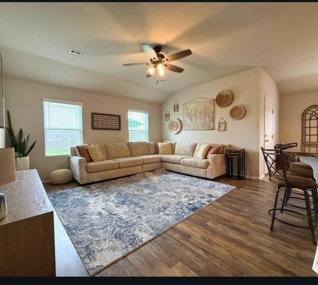 808 NW 69th Ave, Bentonville, AR 72713 - living room featuring a ceiling fan, dark wood finished floors, and lofted ceiling