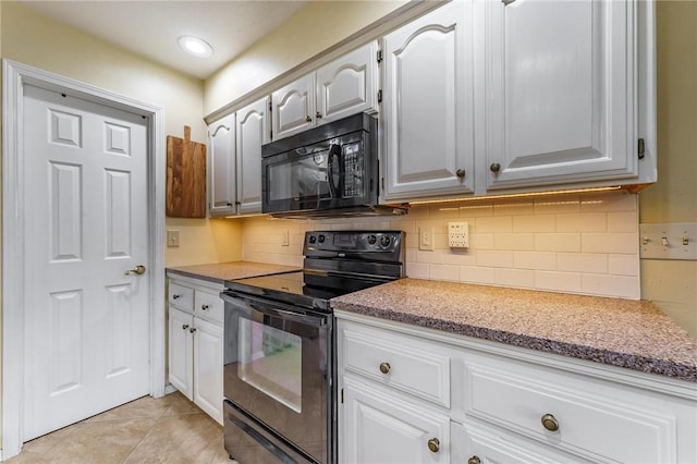 4 Skelton Dr, Bella Vista, AR 72715 - kitchen with black appliances, white cabinets, tasteful backsplash, light tile patterned floors, and recessed lighting
