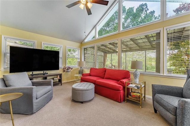 4 Skelton Dr, Bella Vista, AR 72715 - living area with carpet floors, ceiling fan, and high vaulted ceiling