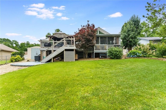 4 Skelton Dr, Bella Vista, AR 72715 - back of house featuring a sunroom, stairway, a storage shed, and a wooden deck