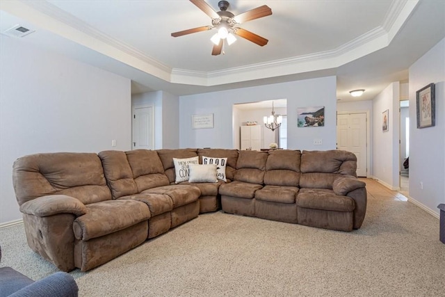 3405 SW Picasso Blvd, Bentonville, AR 72712 - living room with light carpet, a chandelier, crown molding, a ceiling fan, and a tray ceiling