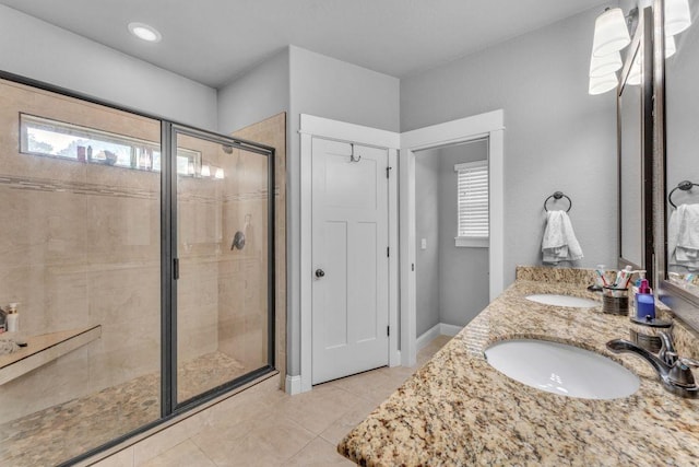1315 W Magnolia St, Rogers, AR 72758 - full bath with a stall shower, double vanity, and tile patterned floors