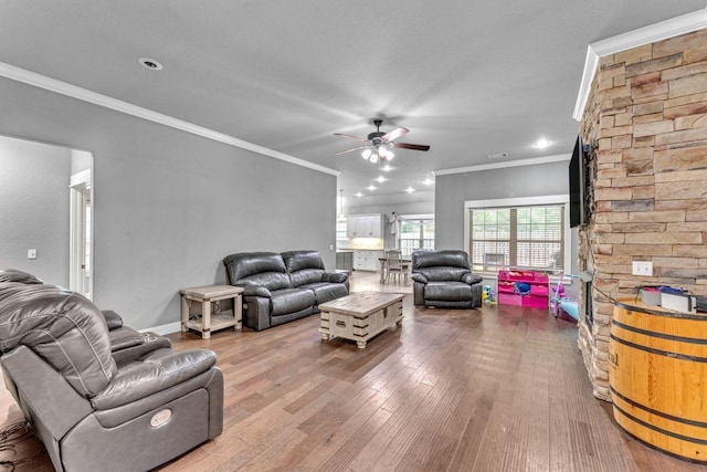 1315 W Magnolia St, Rogers, AR 72758 - living room with ceiling fan, hardwood / wood-style flooring, and ornamental molding