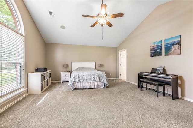 372 Niagara St, Elm Springs, AR 72762 - carpeted bedroom with multiple windows, high vaulted ceiling, and ceiling fan