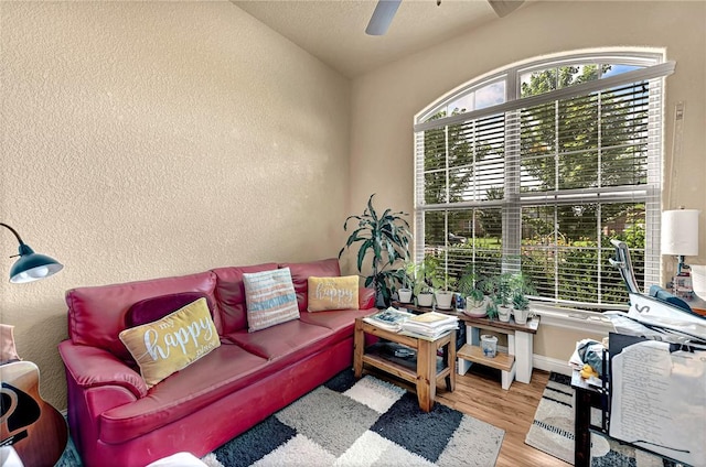 4300 Limestone Ave, Bentonville, AR 72712 - living area with a ceiling fan, a textured wall, and wood finished floors