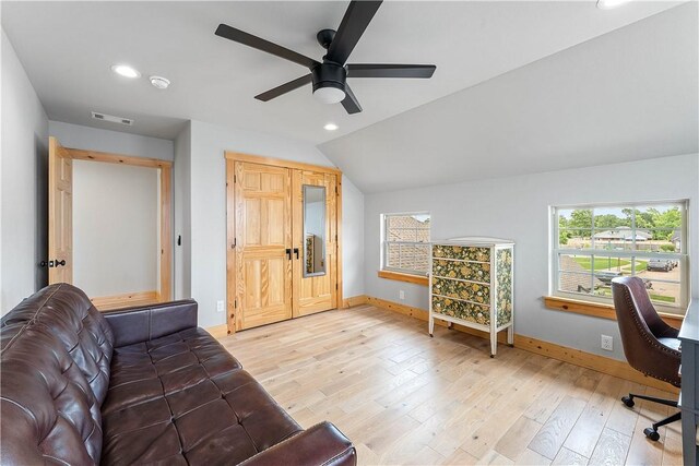 11 Darian Dr, Bentonville, AR 72712 - office area featuring plenty of natural light, recessed lighting, a ceiling fan, light wood finished floors, and vaulted ceiling