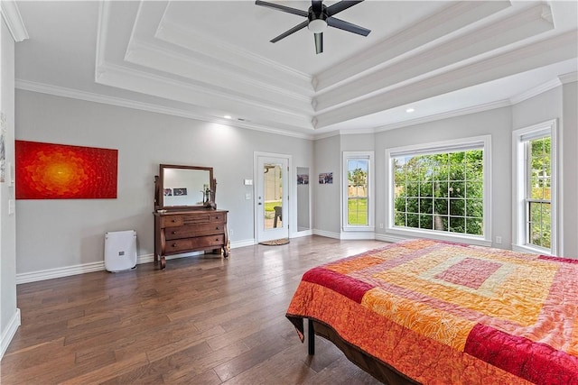 11 Darian Dr, Bentonville, AR 72712 - bedroom featuring a tray ceiling, wood-type flooring, crown molding, recessed lighting, and ceiling fan