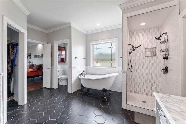 11 Darian Dr, Bentonville, AR 72712 - ensuite bathroom featuring tiled shower, tile walls, tile patterned floors, a freestanding tub, and crown molding