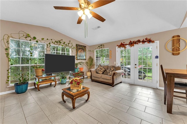 594 Madison 8650, Huntsville, AR 72740 - living room featuring vaulted ceiling, a ceiling fan, and french doors