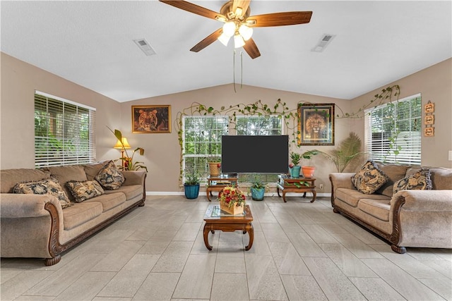 594 Madison 8650, Huntsville, AR 72740 - living area with lofted ceiling and a ceiling fan