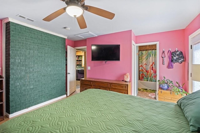 20490 Rocky Branch Rd, Rogers, AR 72756 - carpeted bedroom featuring ceiling fan, ensuite bathroom, and attic access