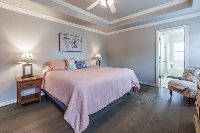 4506 Cory St, Springdale, AR 72762 - bedroom with dark wood-type flooring, a raised ceiling, ornamental molding, ensuite bath, and a ceiling fan