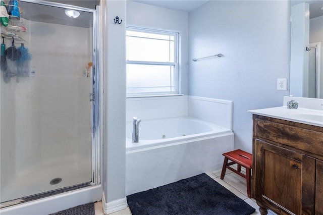 4506 Cory St, Springdale, AR 72762 - full bathroom with a stall shower, a whirlpool tub, vanity, and tile patterned flooring