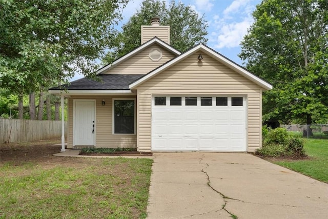1766 Green Acres Cir, Springdale, AR 72764 - ranch-style house with driveway, a chimney, roof with shingles, and an attached garage