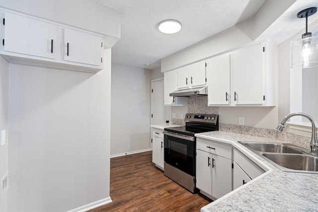 1766 Green Acres Cir, Springdale, AR 72764 - kitchen featuring stainless steel electric stove, under cabinet range hood, white cabinets, dark wood-style flooring, and light countertops