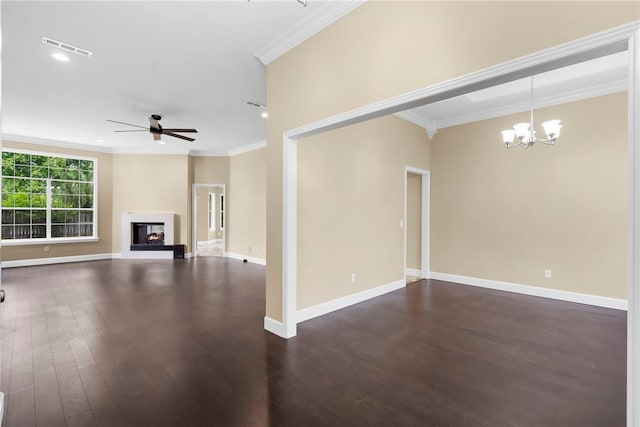 4465 Warwick Cv, Springdale, AR 72762 - unfurnished living room with ceiling fan, a chandelier, ornamental molding, dark wood-style floors, and a lit fireplace