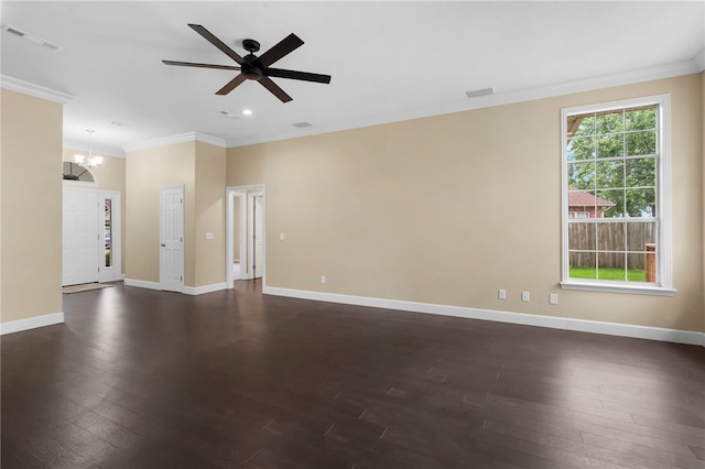 4465 Warwick Cv, Springdale, AR 72762 - empty room featuring ornamental molding, dark wood-style floors, a chandelier, a ceiling fan, and recessed lighting