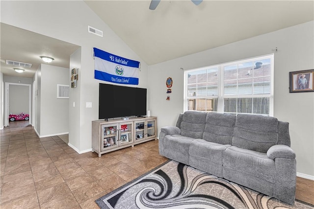 389 Cascade Cir, Springdale, AR 72764 - living area featuring a ceiling fan and high vaulted ceiling