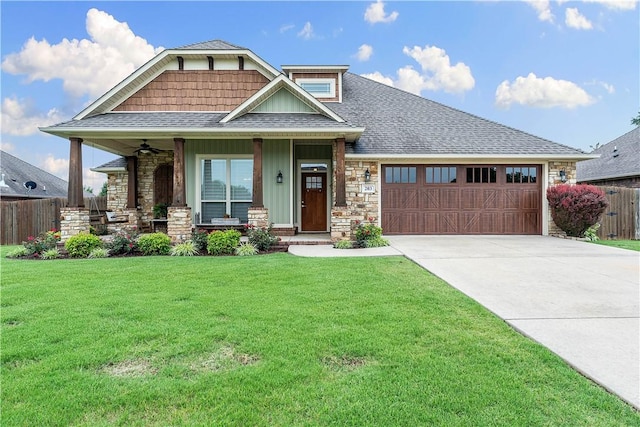 203 Crawford St, Pea Ridge, AR 72751 - craftsman inspired home with roof with shingles, stone siding, an attached garage, concrete driveway, and board and batten siding