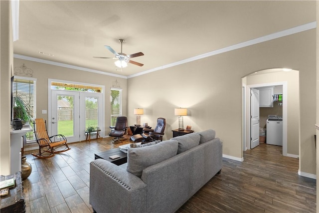 203 Crawford St, Pea Ridge, AR 72751 - living room featuring a ceiling fan, ornamental molding, dark wood-type flooring, and arched walkways