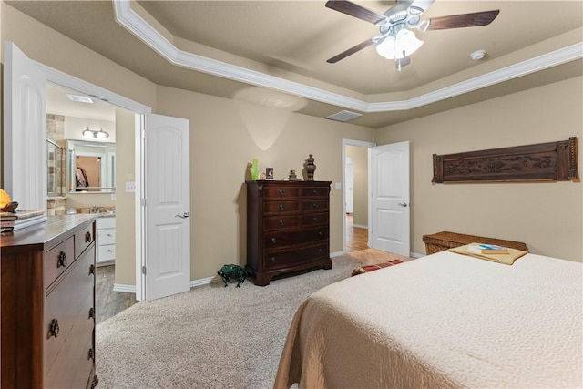 203 Crawford St, Pea Ridge, AR 72751 - carpeted bedroom featuring a tray ceiling and ceiling fan