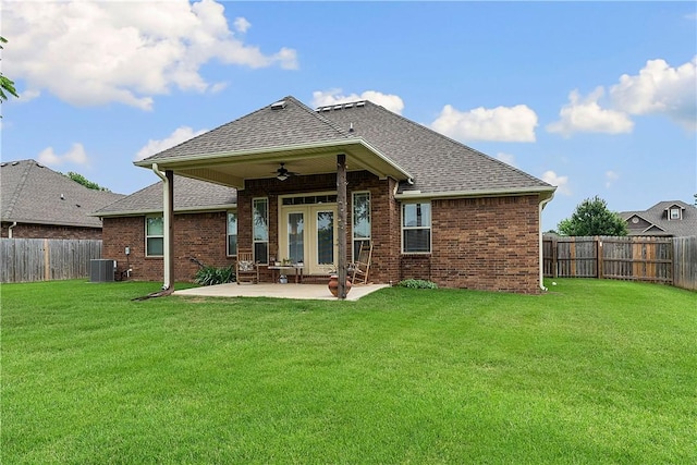203 Crawford St, Pea Ridge, AR 72751 - rear view of property with ceiling fan, a fenced backyard, brick siding, and a patio area
