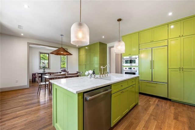 300 NW 5th St, Bentonville, AR 72712 - kitchen featuring dishwasher, paneled built in refrigerator, green cabinetry, and recessed lighting