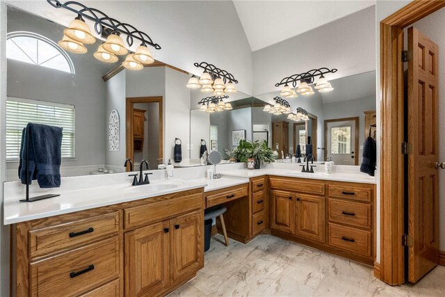 2 Conner Ln, Rogers, AR 72756 - full bath with double vanity, marble finish floors, and high vaulted ceiling