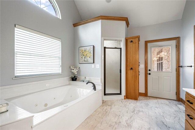 2 Conner Ln, Rogers, AR 72756 - bathroom with a shower stall, a tub with jets, marble look tiles, and vanity