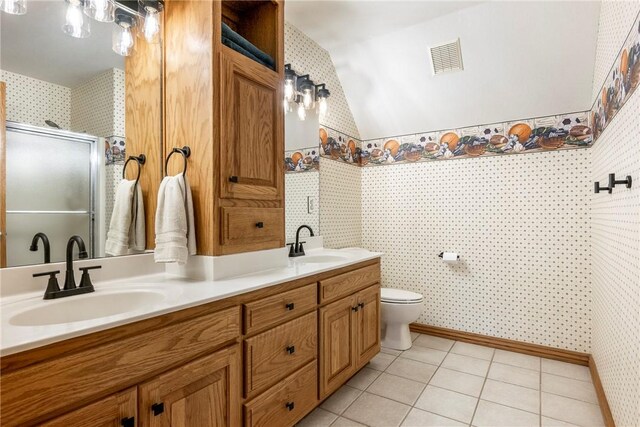 2 Conner Ln, Rogers, AR 72756 - full bath featuring wallpapered walls, double vanity, tile patterned floors, a shower stall, and vaulted ceiling