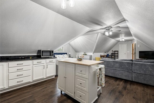 2 Conner Ln, Rogers, AR 72756 - kitchen with stainless steel microwave, a textured ceiling, white cabinets, dark wood-style flooring, and open floor plan