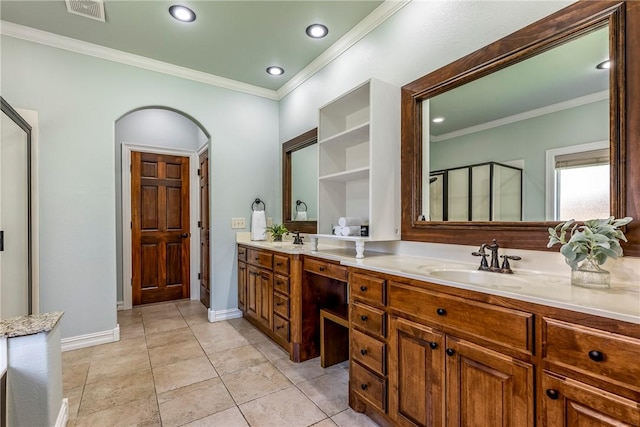 5100 SW Blaire Mont Rd, Bentonville, AR 72713 - bathroom with double vanity, a shower stall, crown molding, recessed lighting, and tile patterned flooring
