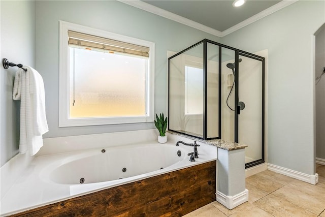 5100 SW Blaire Mont Rd, Bentonville, AR 72713 - bathroom with a shower stall, a tub with jets, crown molding, and tile patterned floors