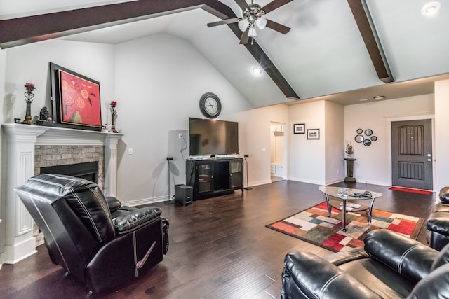 3500 SW Picasso Blvd, Bentonville, AR 72712 - living room featuring a ceiling fan, a fireplace, wood finished floors, and high vaulted ceiling
