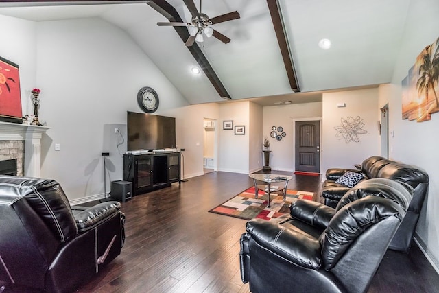 3500 SW Picasso Blvd, Bentonville, AR 72712 - living area featuring a ceiling fan, a fireplace, high vaulted ceiling, wood finished floors, and recessed lighting