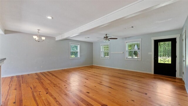 234 N Kibler Hwy, Alma, AR 72921 - unfurnished living room with a chandelier, light wood-style flooring, a ceiling fan, beamed ceiling, and recessed lighting