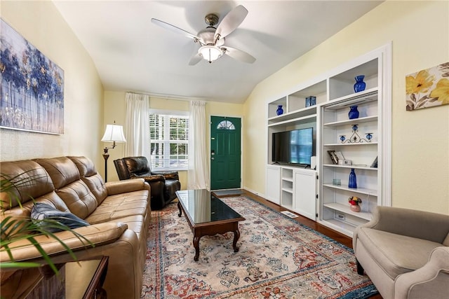16101 Hickory Dr, Rogers, AR 72756 - living area featuring a ceiling fan, vaulted ceiling, and wood finished floors