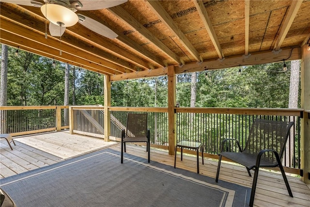 16101 Hickory Dr, Rogers, AR 72756 - wooden terrace featuring view of wooded area and ceiling fan