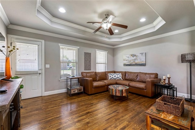 3900 SW Capstone Ave, Bentonville, AR 72712 - living area with a raised ceiling, dark wood-style flooring, ceiling fan, ornamental molding, and recessed lighting