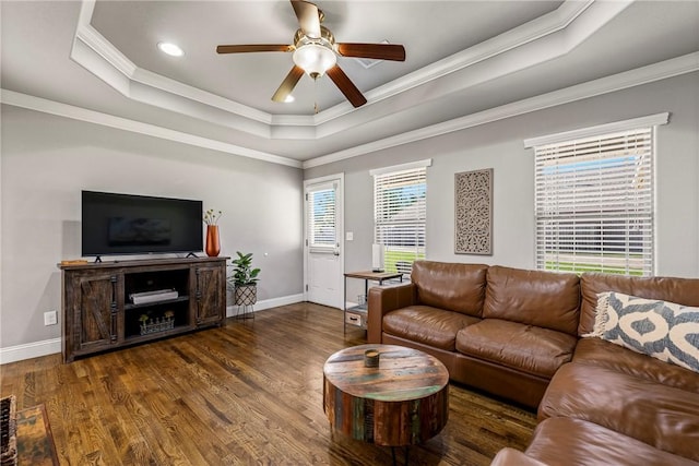 3900 SW Capstone Ave, Bentonville, AR 72712 - living area with ceiling fan, a raised ceiling, wood finished floors, crown molding, and recessed lighting